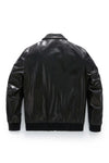 Black Shirt Collar Patched Leather Bomber Jacket