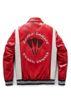 Red Zippered Lambskin Bomber Varsity Leather Trucker Jacket