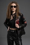 Women's 100% Goatskin Leather Racer Jacket with Patches with Adjustable Belt