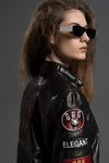 Women's 100% Goatskin Leather Racer Jacket with Patches with Adjustable Belt