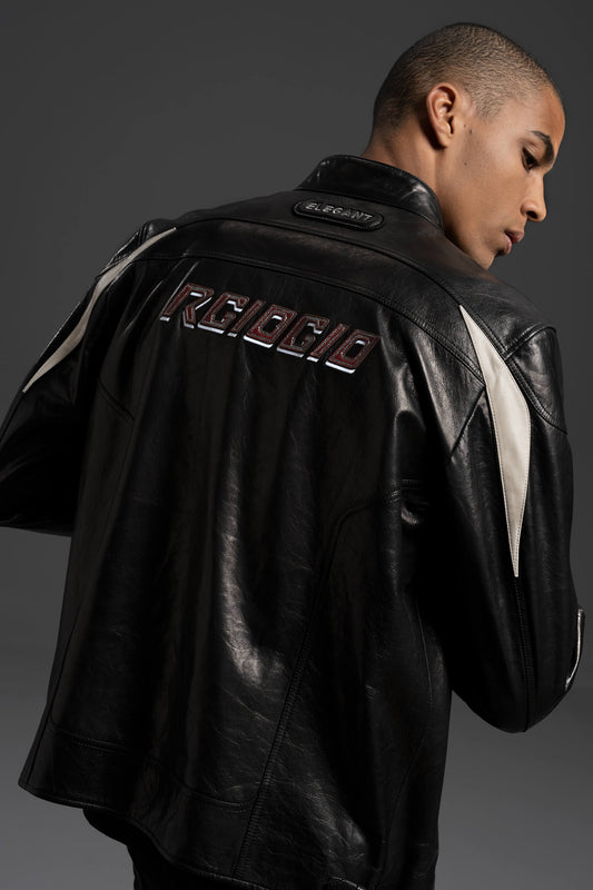 Men's Handmade Black Goatskin Patchworked Leather Racer Bomber Jacket