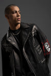 Black Goatskin Leather Wool Patchwork Moto Jacket with Intricate Decoration