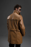Black/Brown Sheepskin Mid-length Leather Trench Duster Coat with Epaulets