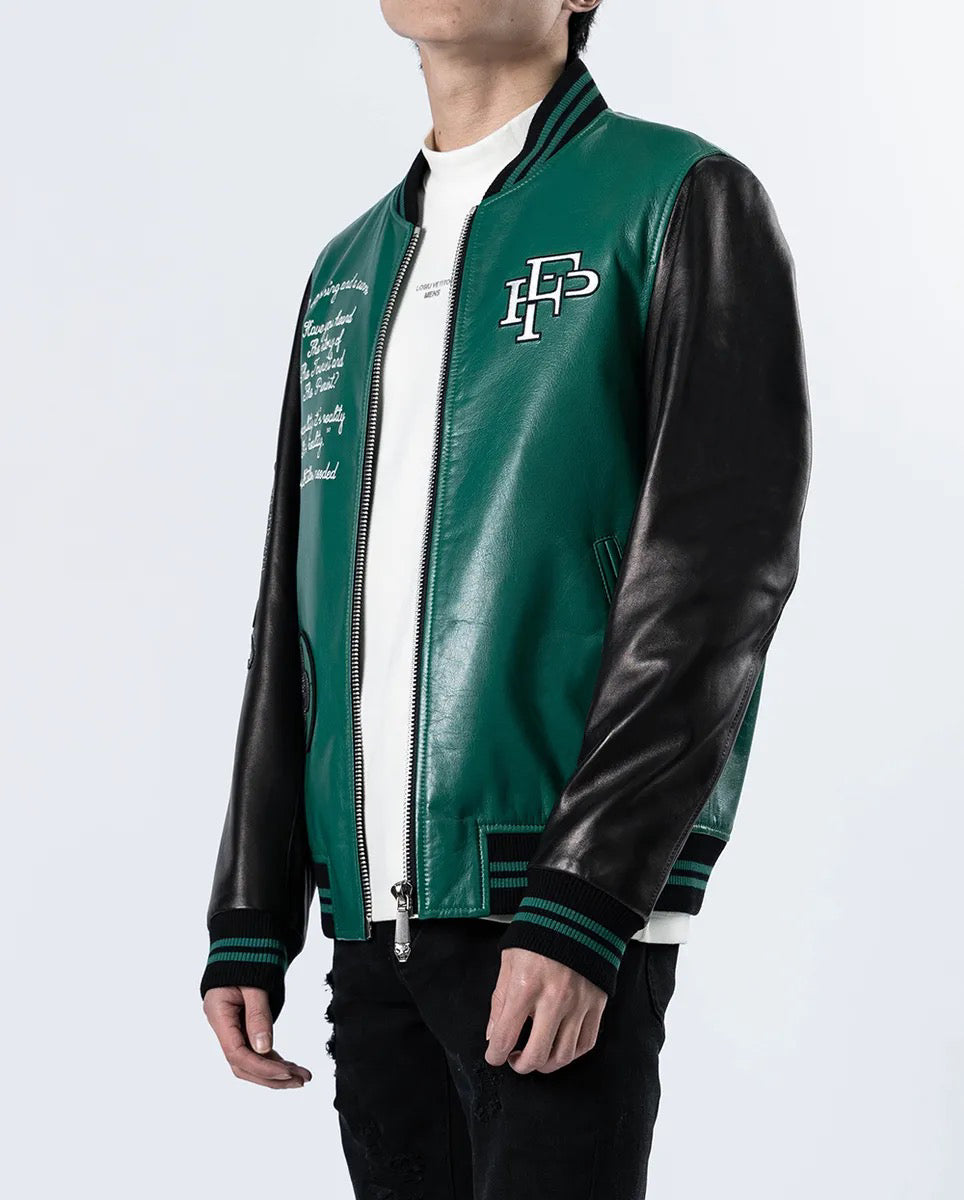 Classical Mens Black-Green Leather Varsity Letterman Bomber Jacket | Genuine Leather Varsity Jackets for Mens | Palaleather , Green & Black / XL