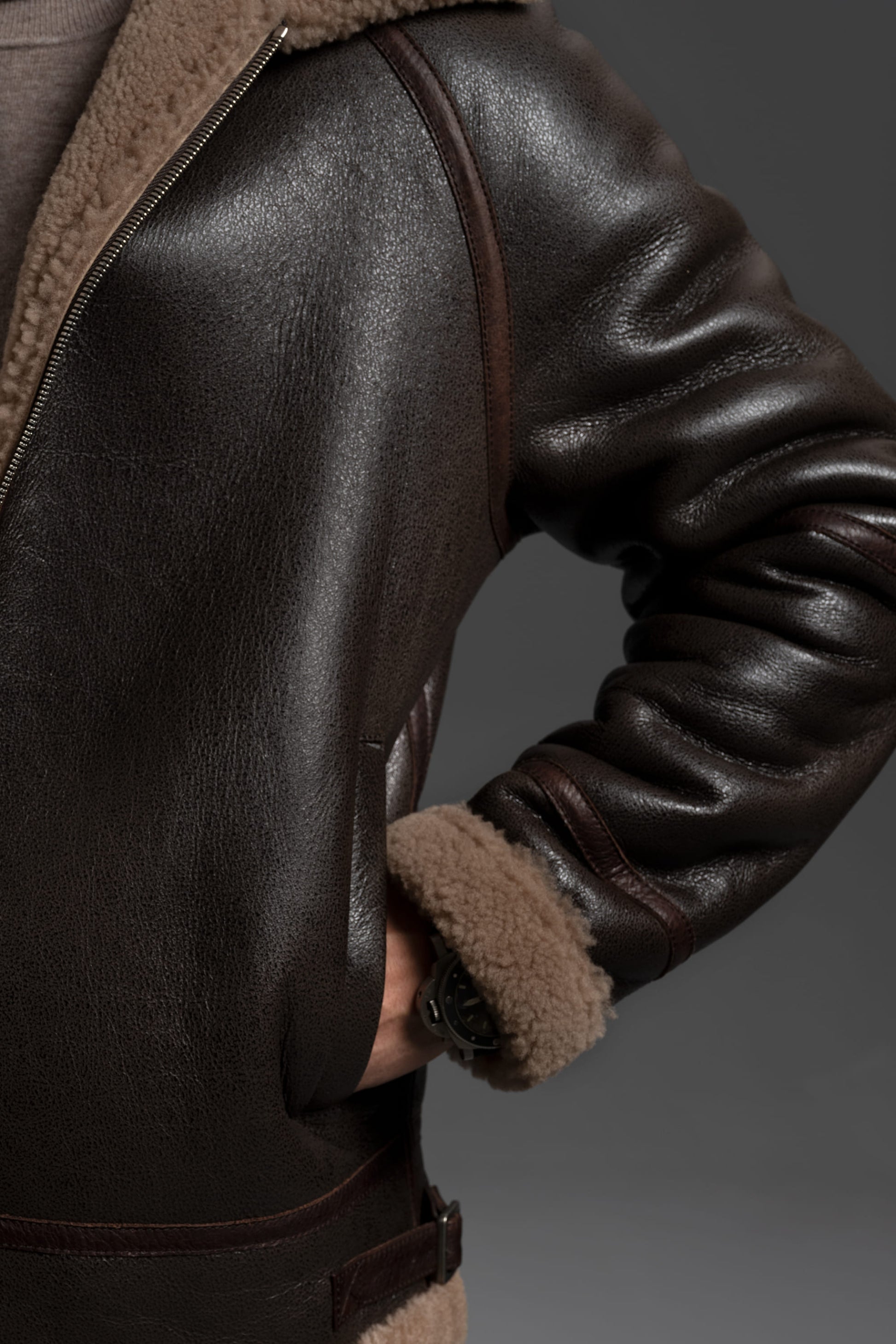 Brown Sheepskin Leather-Trim Shearling Bomber Jacket