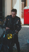 Black Goatskin Moto Biker Jacket with Appliques