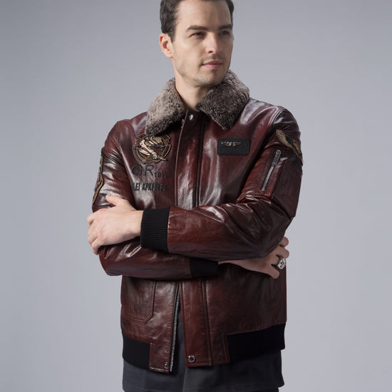 Brown G-1 Navy Aviator Leather Bomber Jacket with Removable Fur Collar