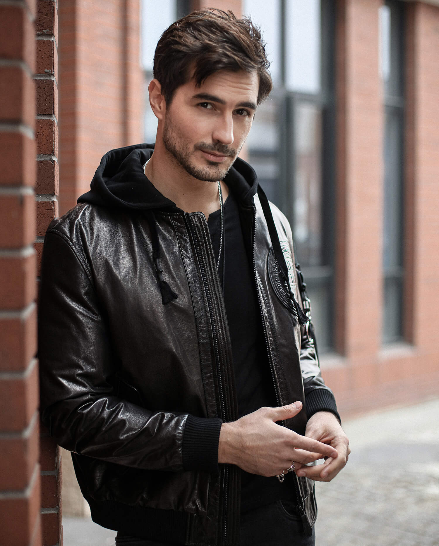 Casual Hooded Bomber Leather Jacket For Men