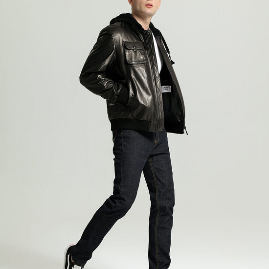 Casual Minimal Goatskin Leather Jacket with Knitted Hood