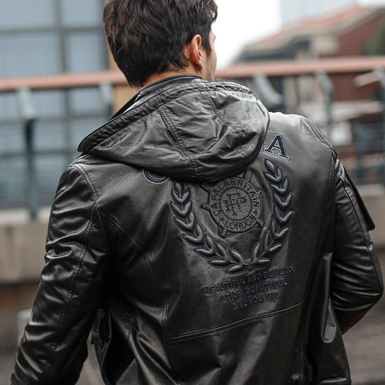 trendy hooded bomber leather jacket