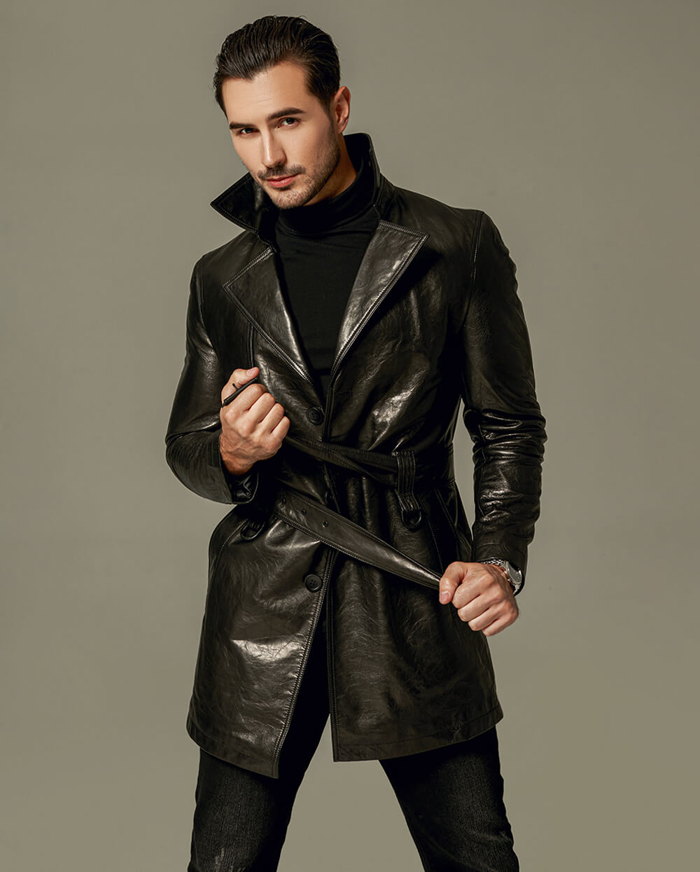 Men's Black Trench Coat - Long Black Leather Trench Coat For Men