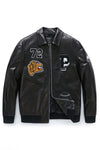 Black Shirt Collar Patched Leather Bomber Jacket