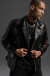 Black Goatskin Leather Wool Patchwork Moto Jacket with Intricate Decoration