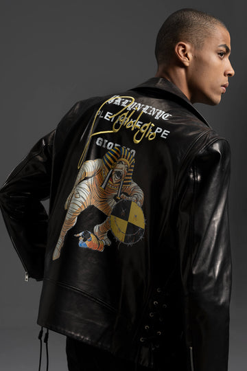 Men's Black Printed Moto Biker Jacket, Punk Leather Jacket for Men