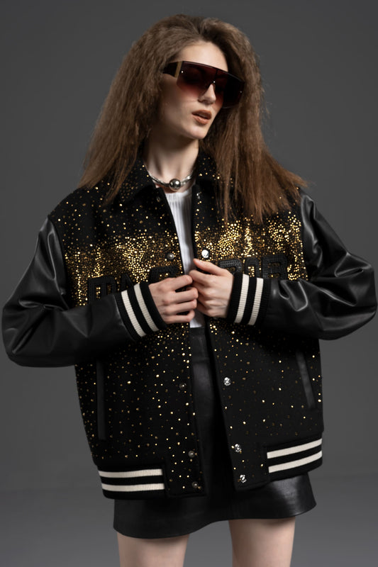 Gold Diamante Dazzling Cashmere Jacket With Sheepskin Leather Sleeves