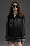 Silver Diamante Shining Cashmere Jacket with Sheepskin Leather Sleeves