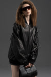 Women's Oversized Black Genuine Leather Bomber Jacket