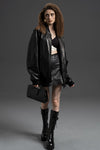 Women's Oversized Black Genuine Leather Bomber Jacket
