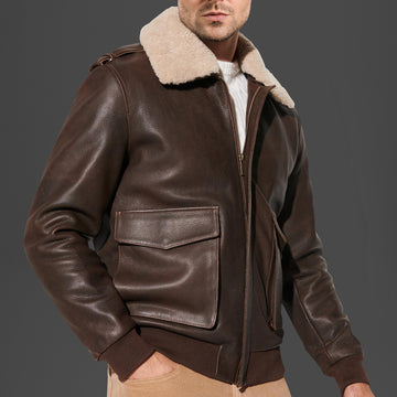 Brown Cowhide Aviator Leather Bomber Jacket with Removable Fur Collar