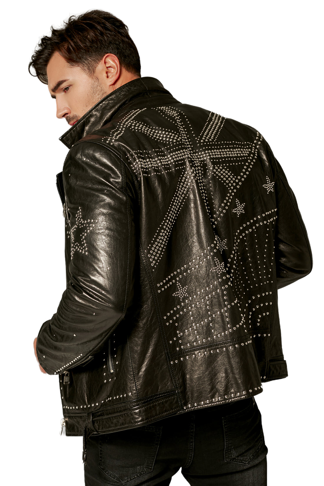 Men's Rockstud Leather Moto Jacket with Unique Pattern