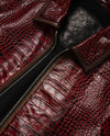 Manteau Veste En Cuir Véritable Texturé Crocodile Rouge Bordeaux