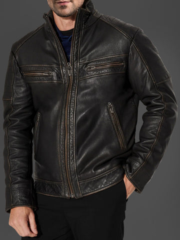 Men's Coatskin Classic Black Bomber Leather Moto Jacket