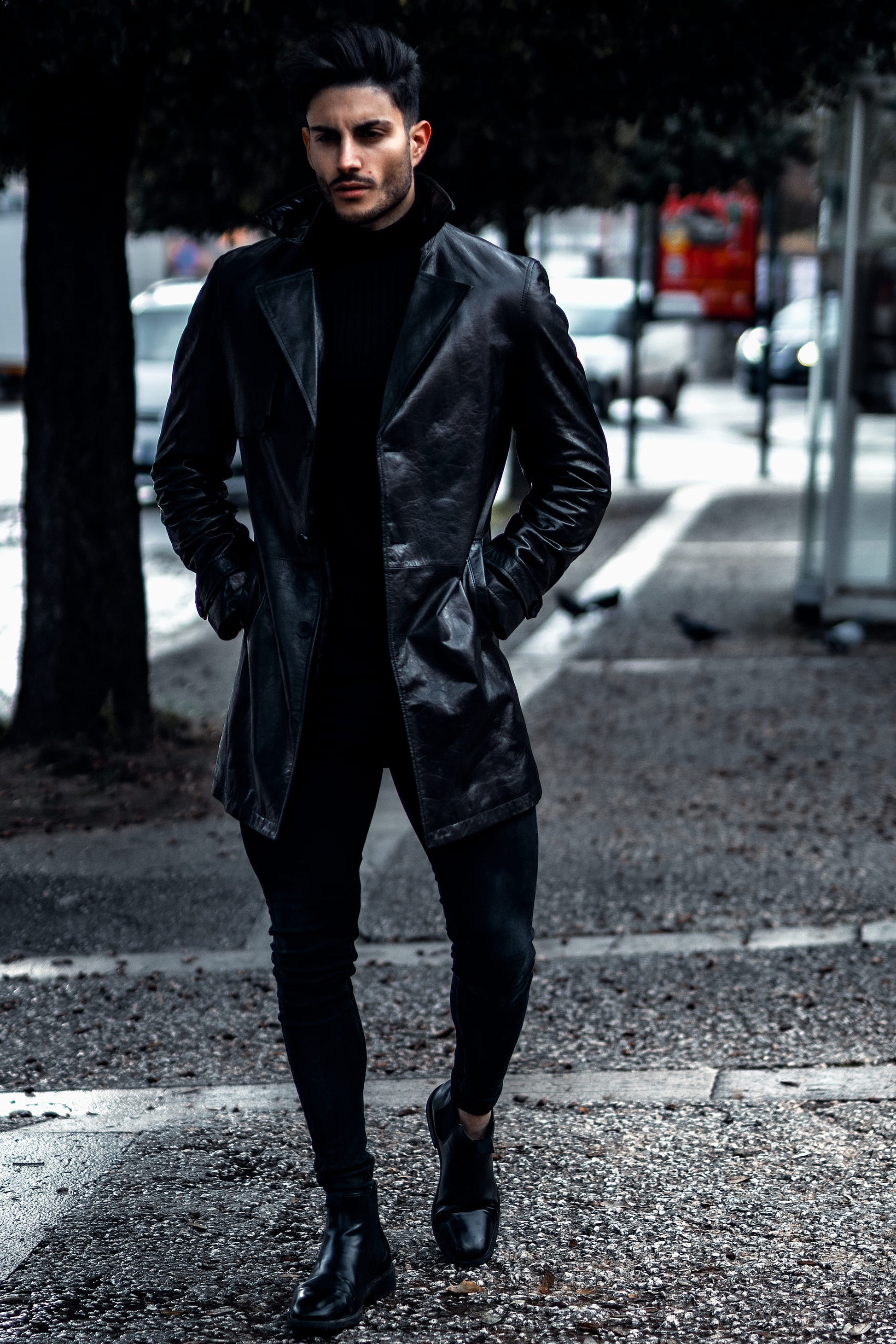Palaleather Black Genuine Goatskin Leather Trench Coat Jacket with Fur Lining Winter Leather Jacket, Black / Mink Fur Collar + Down / Custom Size