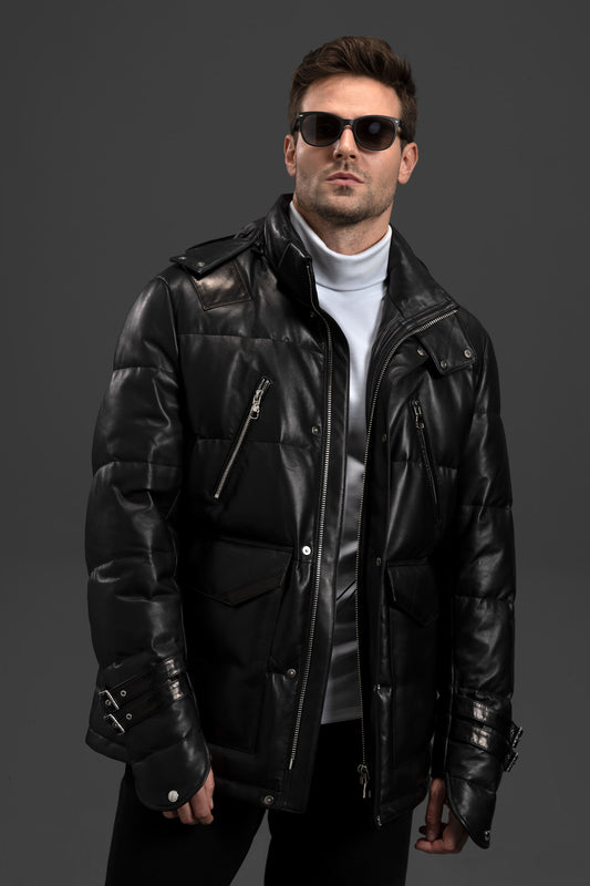 Men Black Real Leather Hooded Medium Duck Down Coat Bodywarmer Winter  Jacket New