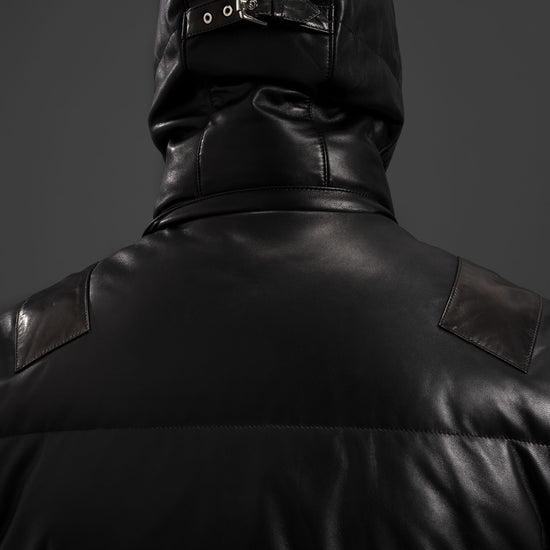 Black Goatskin Leather Puffer Down Jacket with Detachable Hood