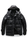 Black Goatskin Leather Puffer Down Jacket with Detachable Hood