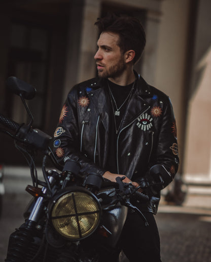 Men's Fashion Genuine Leather Moto Jacket with Appliques | PalaLeather