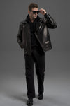 Handmade 100% Goatskin Classic Black Leather Moto Jacket with Epaulettes