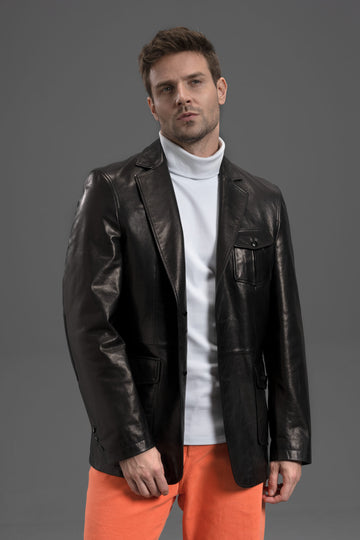 Men's Handmade Black Goatskin Slim Fit Leather Blazer Jacket