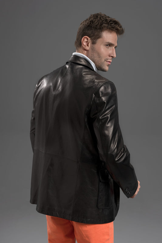 Men's Handmade Black Goatskin Slim Fit Leather Blazer Jacket