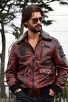 Reddish Brown Patched Goatskin Leather Bomber Jacket