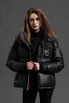 Women's Black Goatskin Leather Puffer Hooded Down Jacket