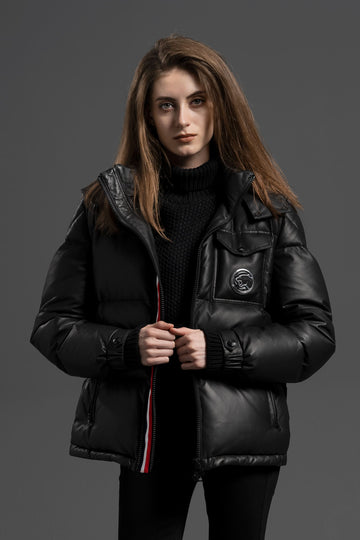 Women's Black Goatskin Leather Puffer Hooded Down Jacket