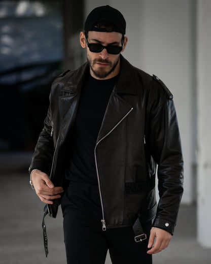 Black Belted Leather Motorcycle Biker Jacket with Embossing Letter ...