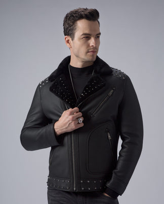 Black Biker Studded Real Shearling Sheepskin Leather Jacket – PalaLeather
