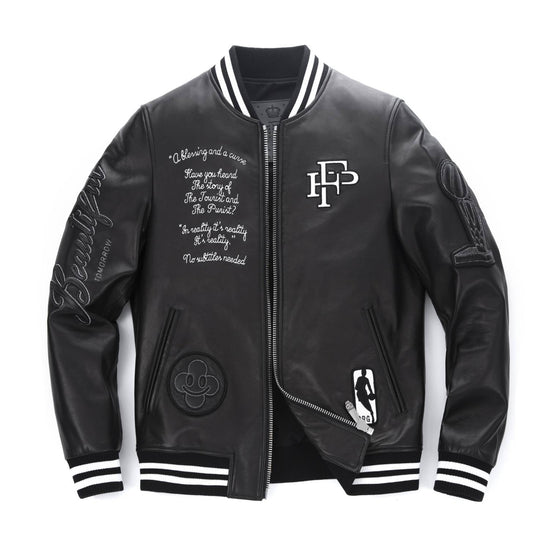 Black Embroidery Patches Varsity Letterman Bomber Leather Jacket