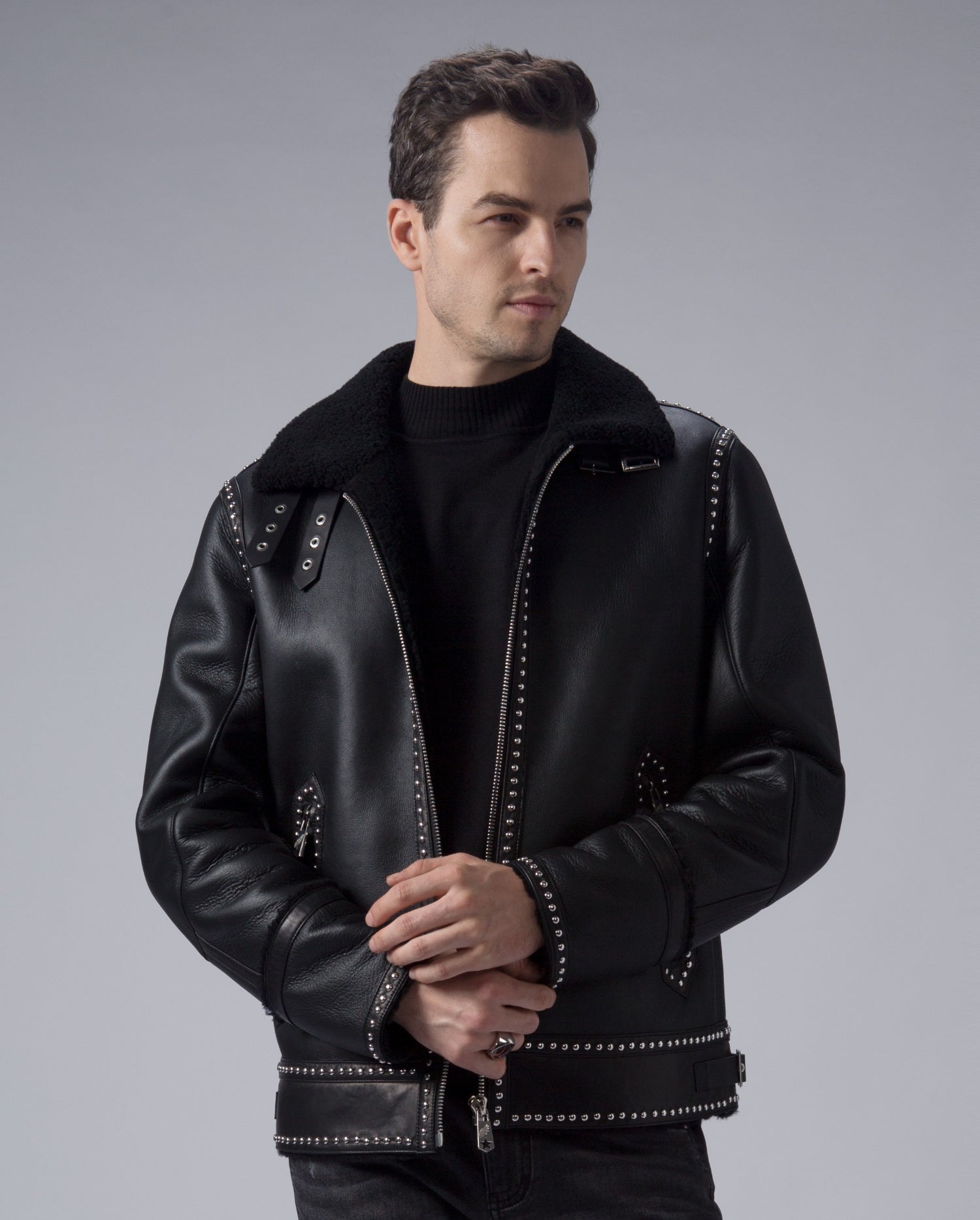 Black Fur jacket Real Shearling jacket Sheepskin Warm Leather Jacket
