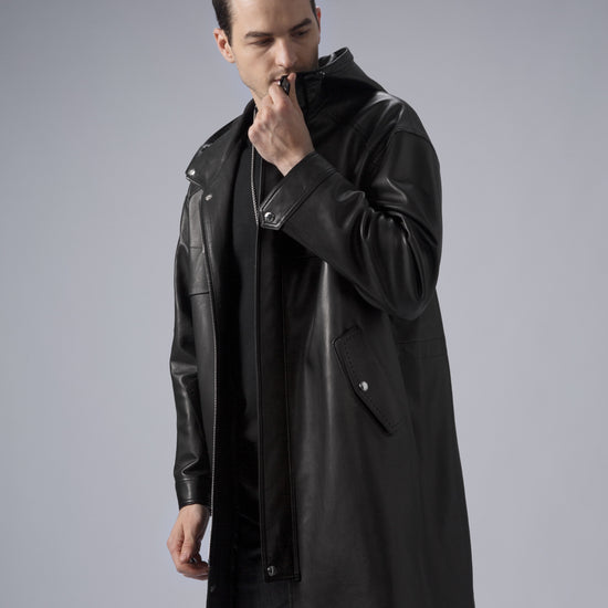Black Leather Trench Coat Mens Hooded Leather Duster Coat