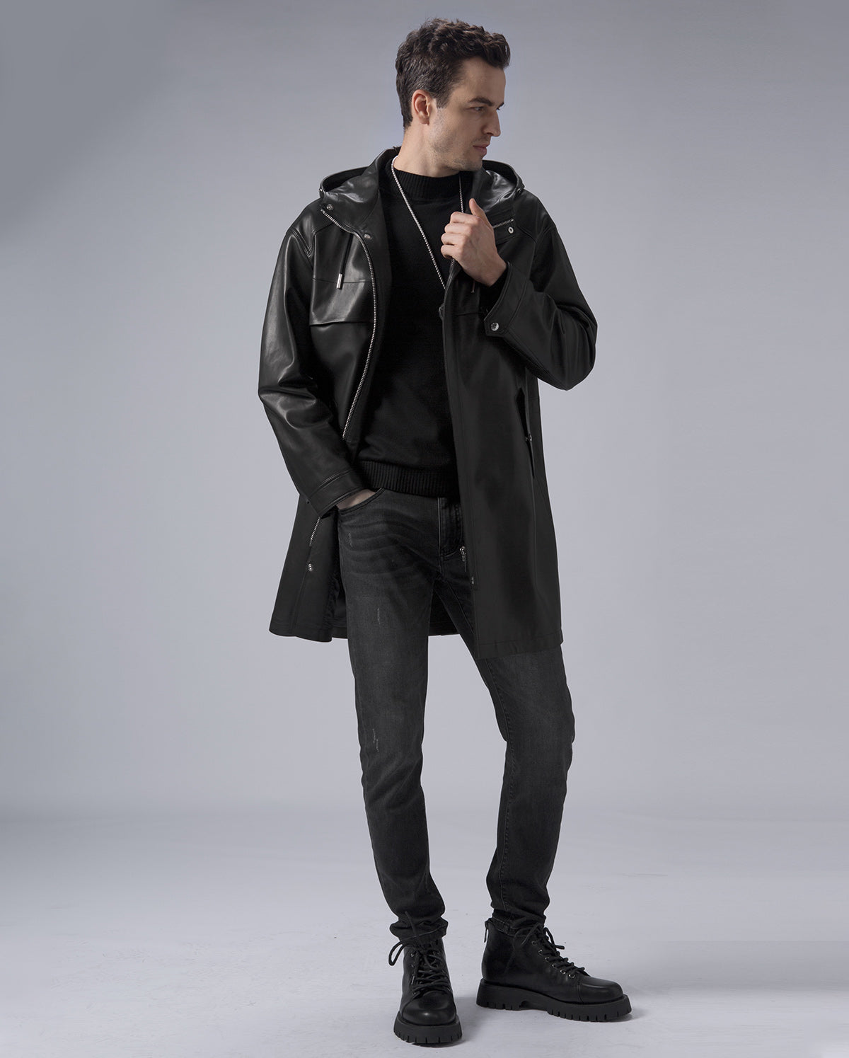 Black Leather Trench Coat Mens Hooded Leather Duster Coat