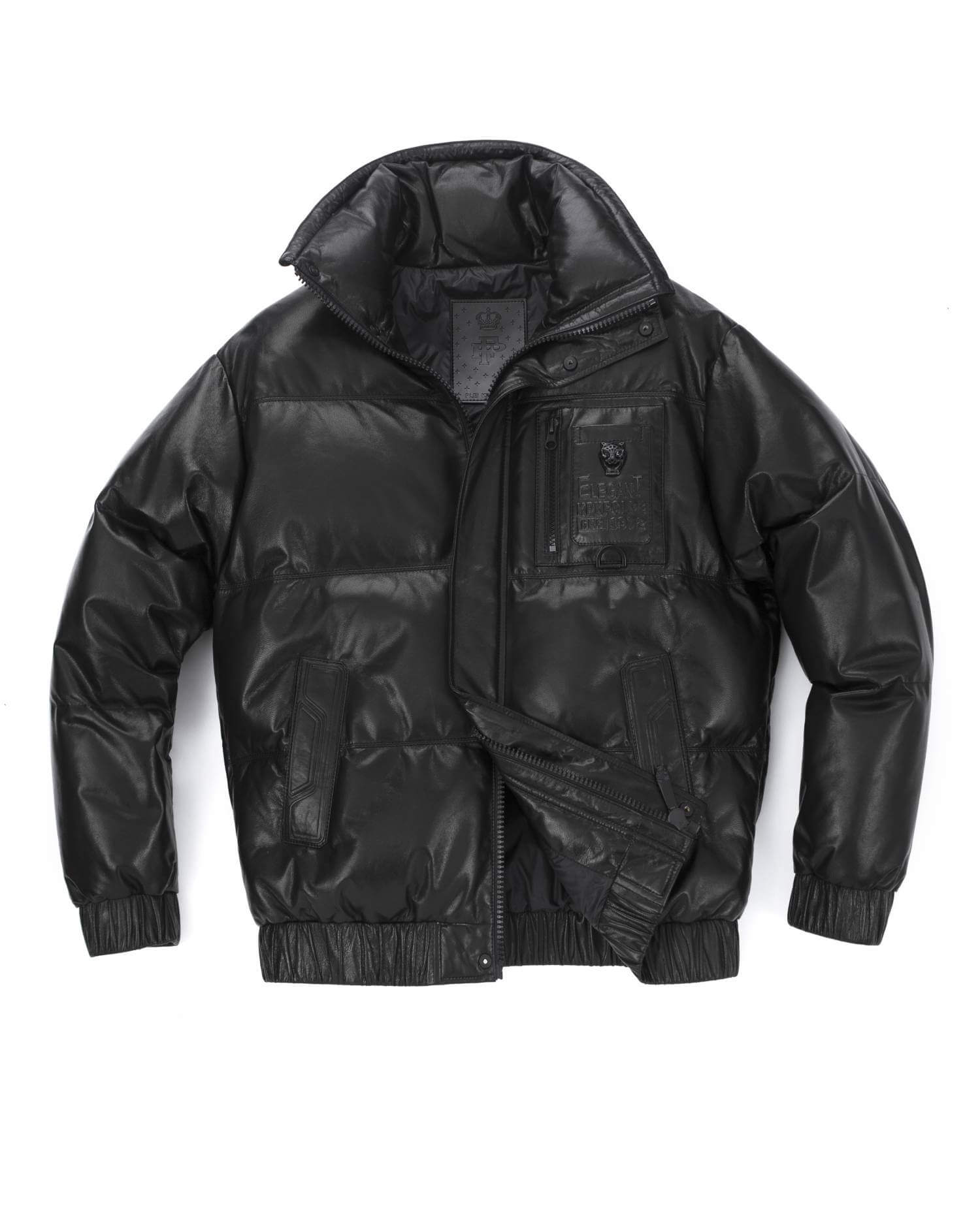 Black Patched Genuine Leather Bomber Down Jacket