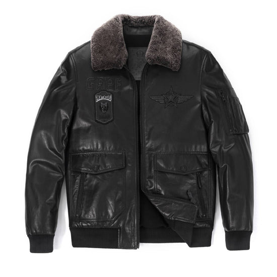 Black Pattern Patches Fur Collar Air Force Leather Jacket