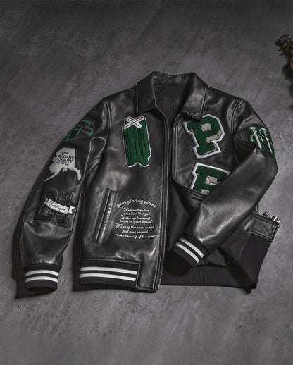 Black Quilted Lambskin Letterman Varsity Leather Bomber Jacket ...