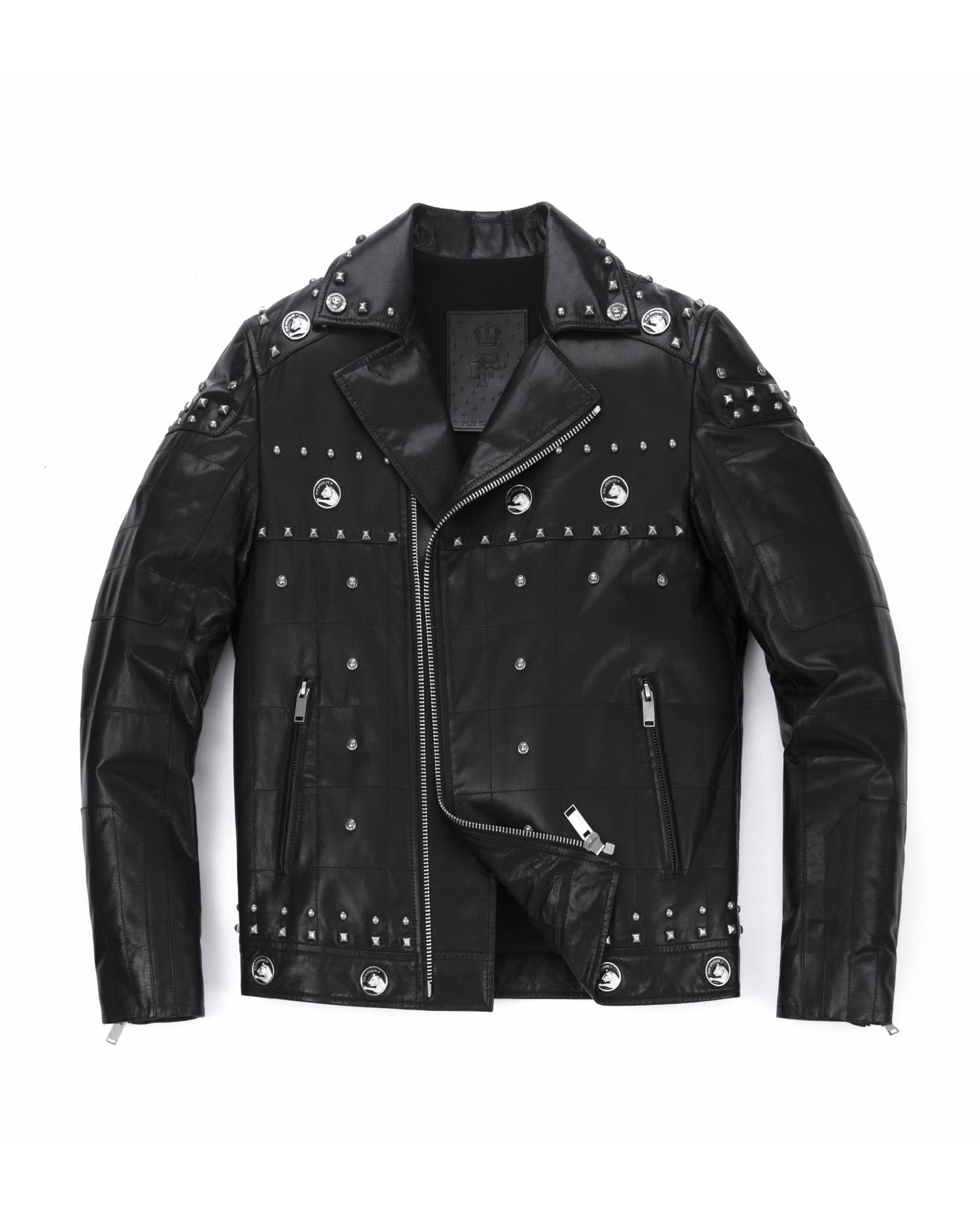 Black Rivet Patched Punk Genuine Leather Moto Biker Jacket