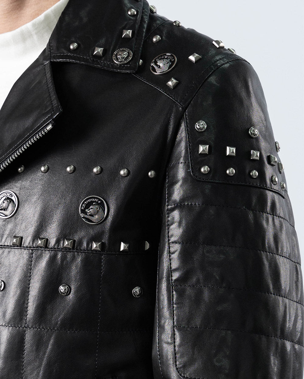 New Woman Black Punk Long Spiked Studded Chains Cowhide Biker Leather  Jacket-17