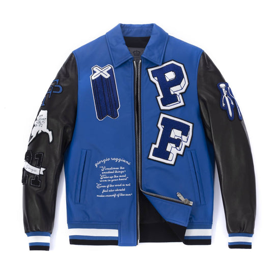 Blue-Black Patched Genuine Leather Bomber Jacket – PalaLeather