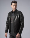 Classic Black Leather Racer Jacket Zip Up Moto Jacket